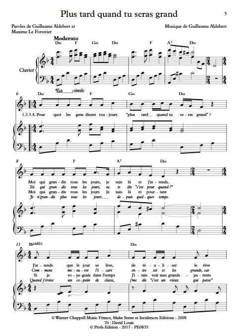 Plus tard quand tu seras grand - Piano & voix - ALDEBERT G. - Partition