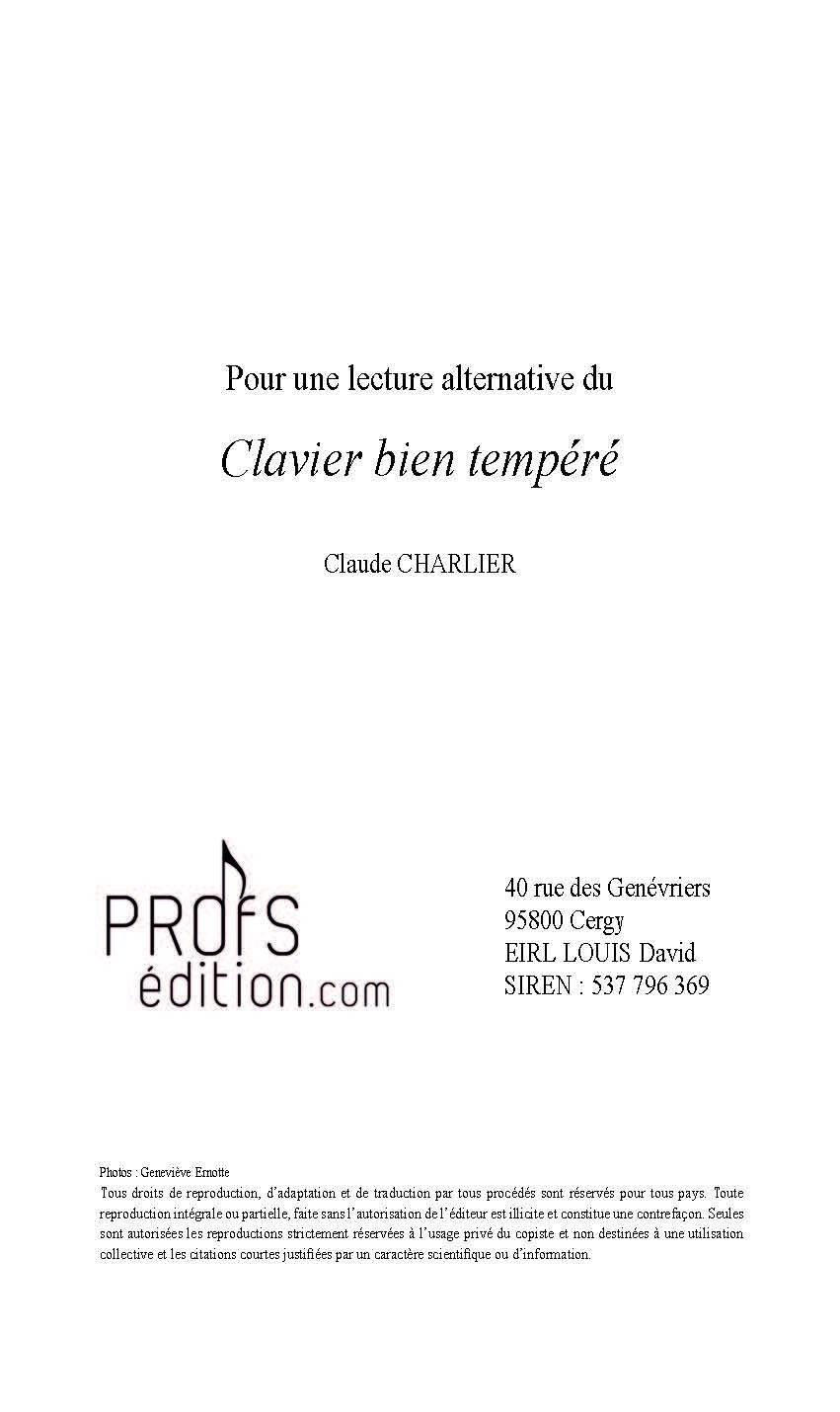 Pour une lecture alternative du Clavier Bien Tempéré - Analyse - CHARLIER C. - page de garde