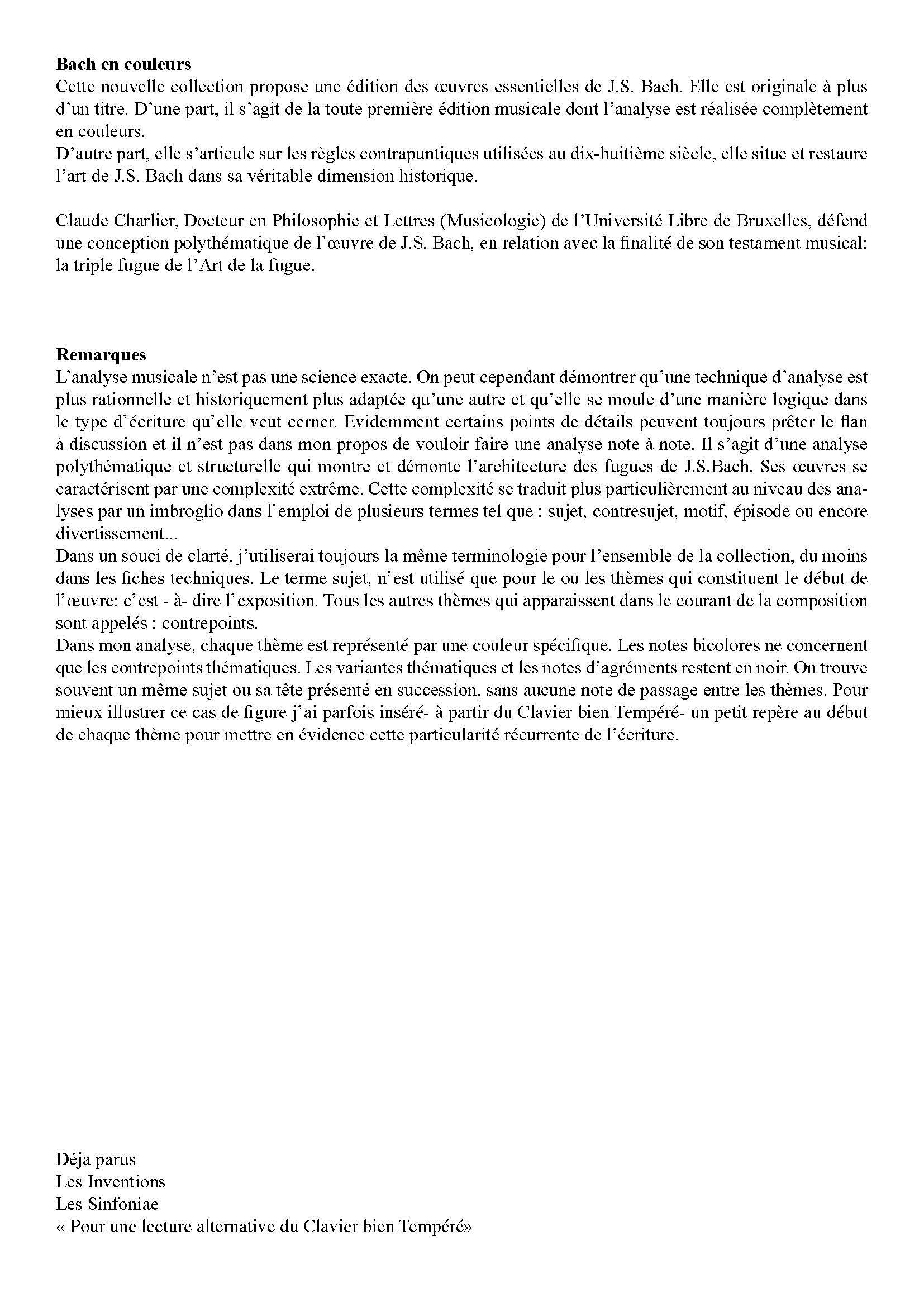 Pour une lecture alternative du Clavier Bien Tempéré - Analyse - CHARLIER C. - Partition