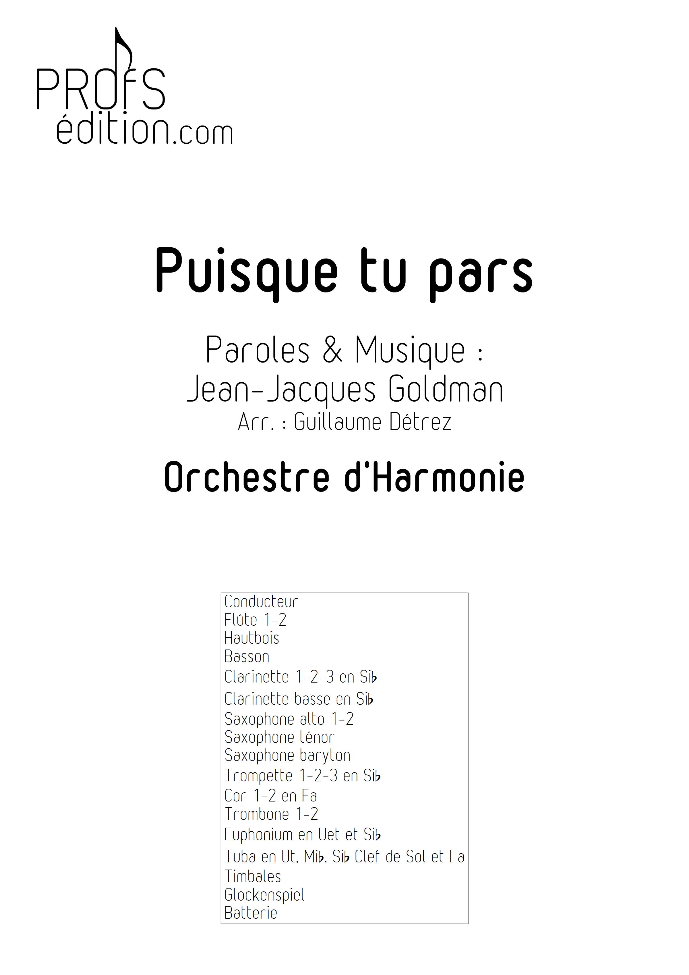 Puisque tu pars - Orchestre d'harmonie - GOLDMAN J. J. - page de garde