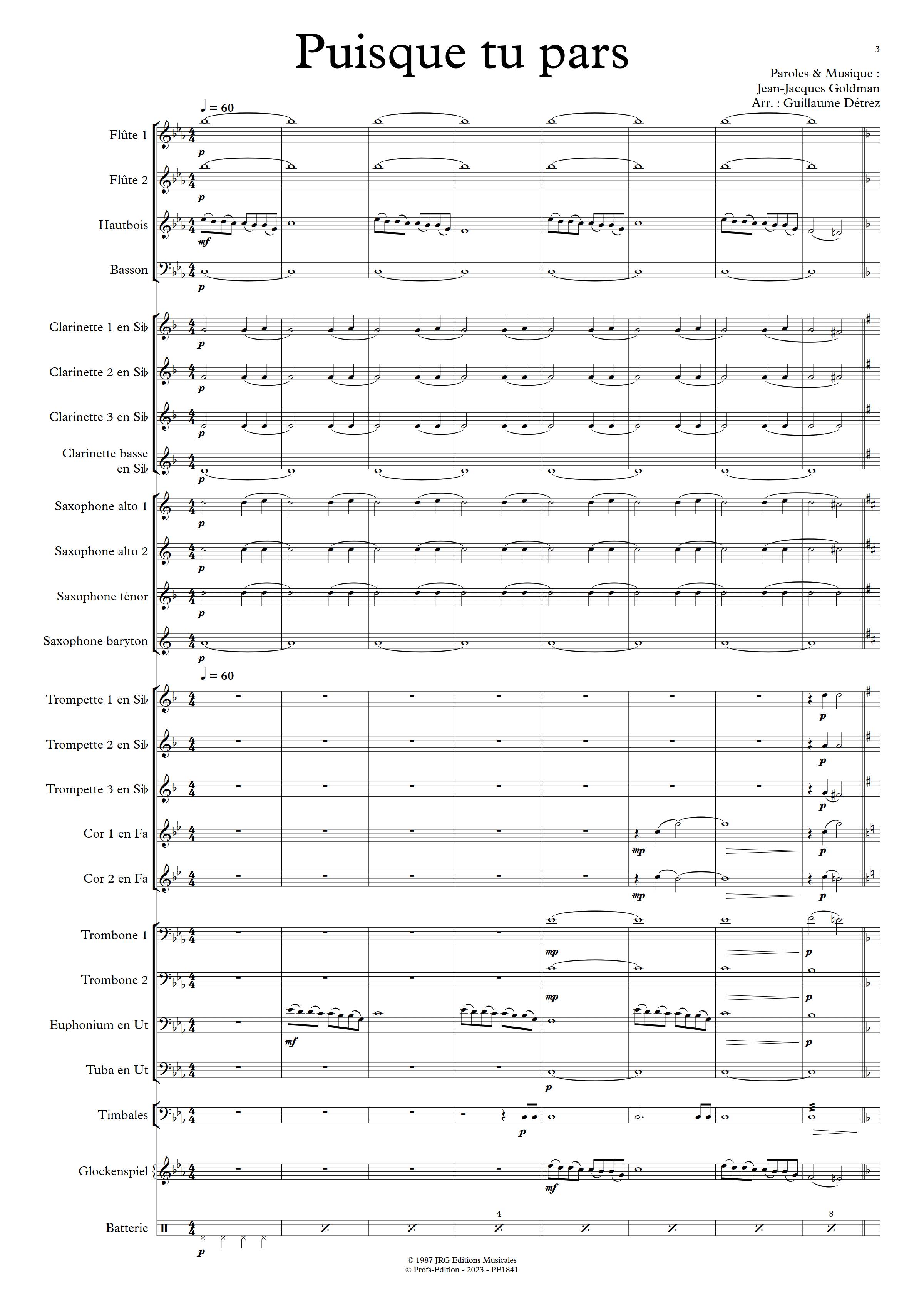 Puisque tu pars - Orchestre d'harmonie - GOLDMAN J. J. - Partition