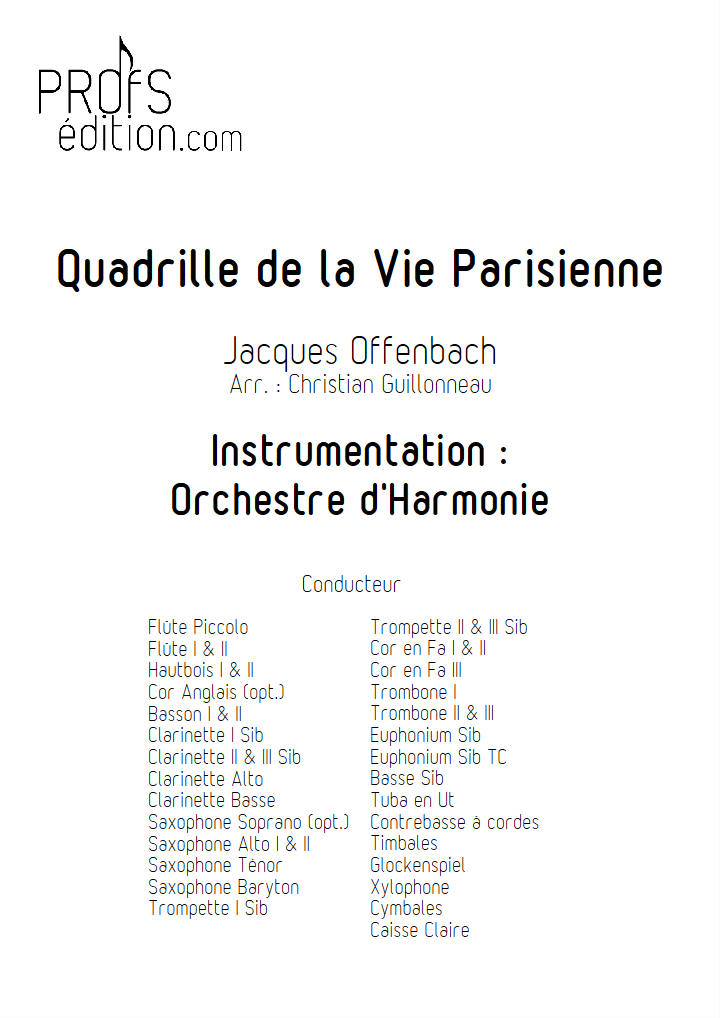 Quadrille de la vie parisienne - Orchestre Harmonie - OFFENBACH J. - page de garde