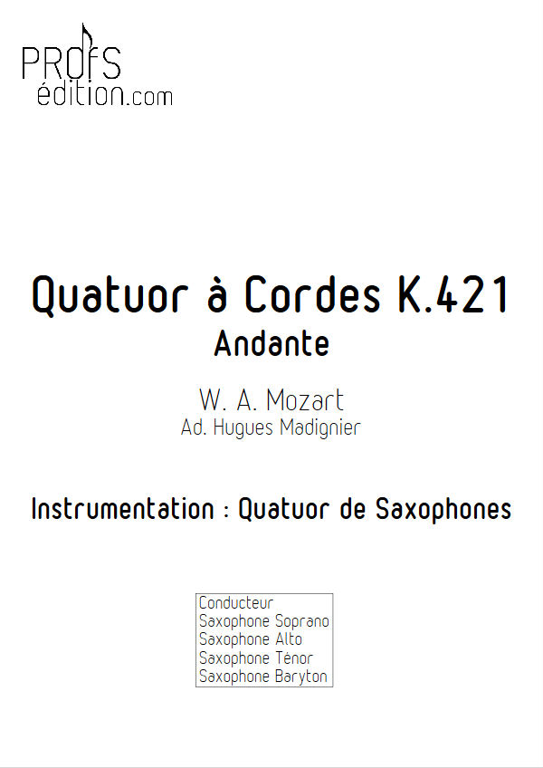 Quatuor KV 421 - Quatuor Saxophones - MOZART W. A. - page de garde