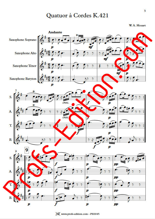 Quatuor KV 421 - Quatuor Saxophones - MOZART W. A. - Partition