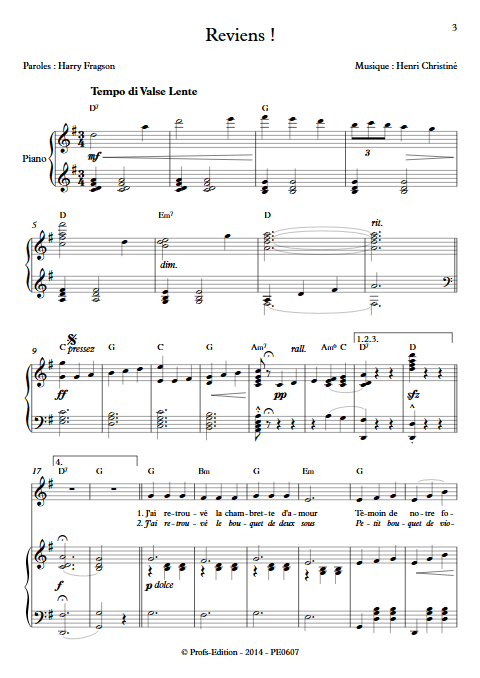 Reviens - Piano & Voix - CHRISTINE H. - Partition