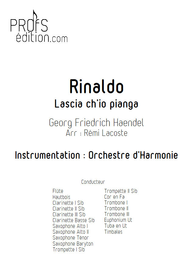 Rinaldo, Lascia ch'io pianga - Orchestre Harmonie - HAENDEL G. F. - page de garde