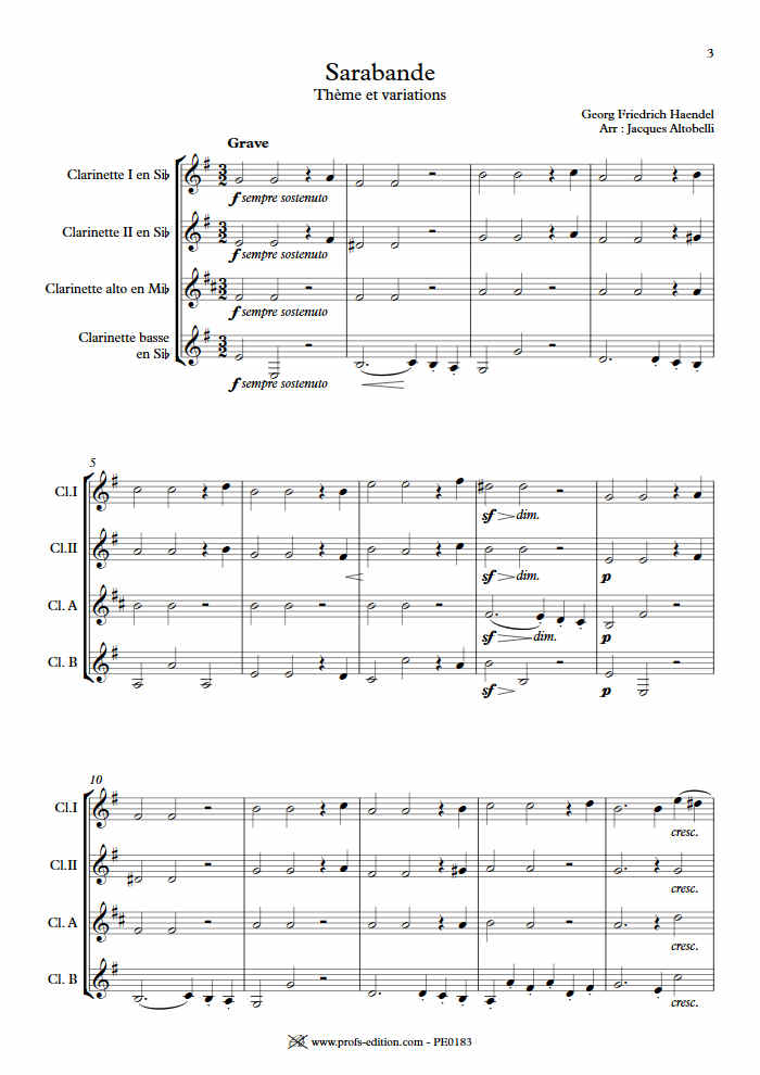 Sarabande - Quatuor de Clarinettes - HAENDEL G. F. - Partition
