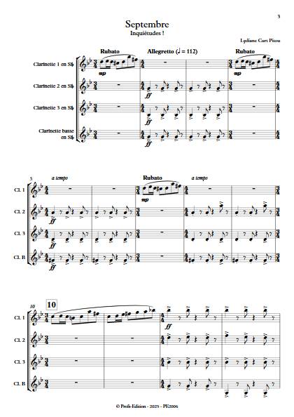 Septembre - Inquiétudes - Quatuor de Clarinettes - CURT PITOU L. - Partition