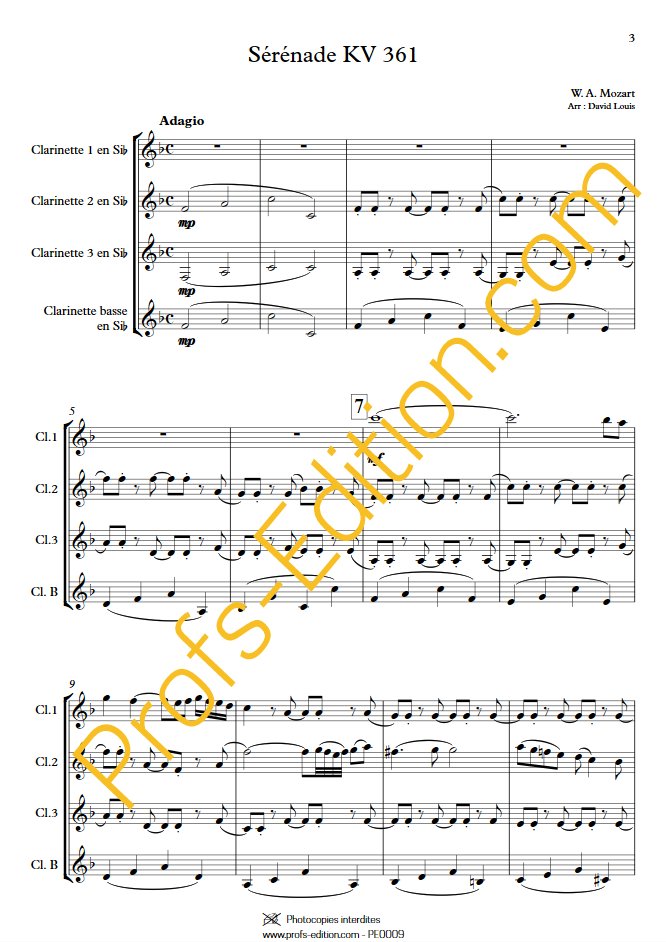 Sérénade KV 361 - Quatuor de Clarinettes - MOZART W. A. - Partition