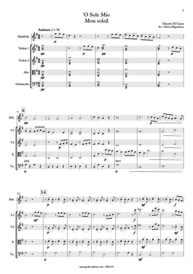 O Sole Mio - Hautbois et Quatuor à Cordes - Di CAPUA E. - Partition