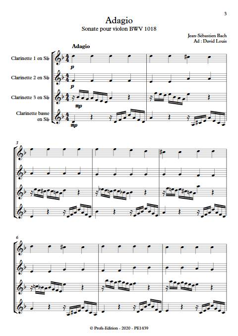 Adagio Sonate BWV 1018 - Quatuor de Clarinette - BACH J. S. - Partition