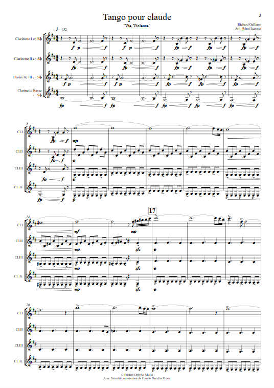 Tango pour Claude - Quatuor de Clarinettes - GALLIANO R. - Partition
