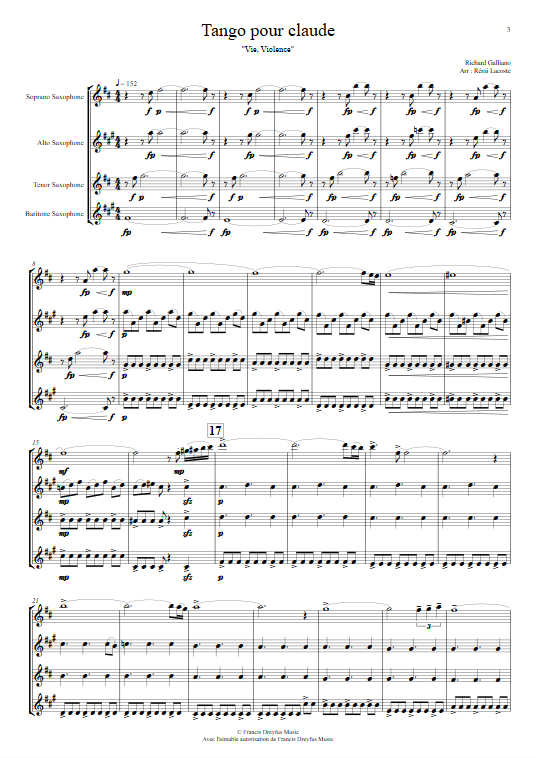 Tango pour Claude - Quatuor de Saxophones - GALLIANO R. - Partition