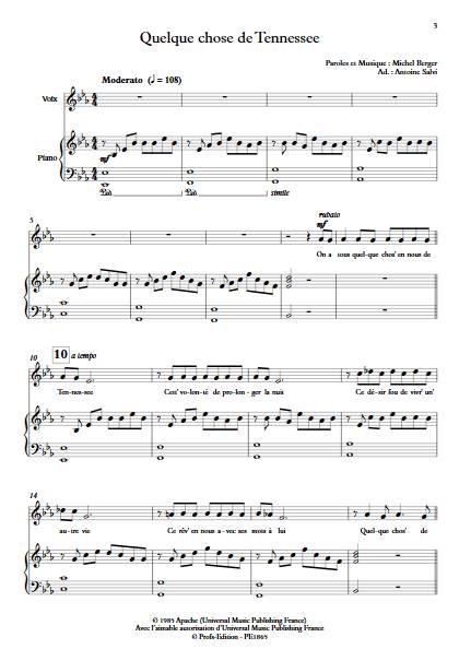 Quelque chose de tennesse - Piano Voix - BERGER M. - Partition