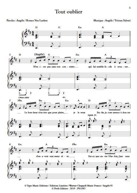 Tout oublier - Piano Voix - ANGELE - Partition