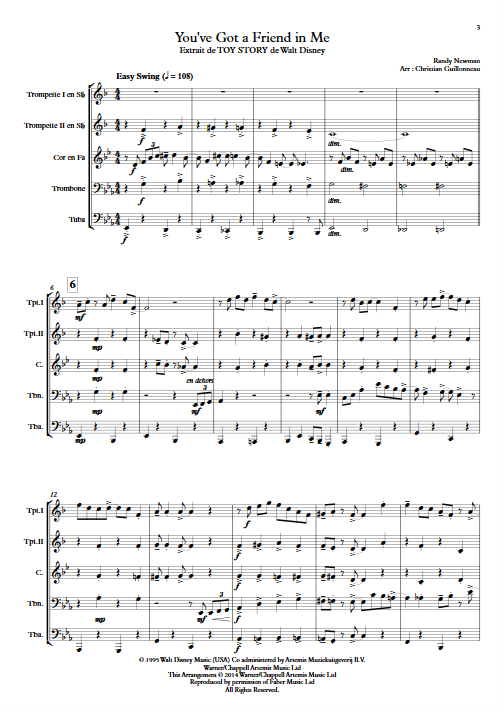 Toy Story (J'ai trouvé un ami) - Quintette de Cuivres - NEWMAN R. - Partition