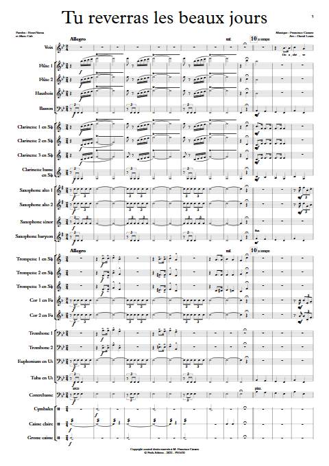 Tu reverras les beaux jours - Orchestre d'Harmonie - CANARO F. - Partition