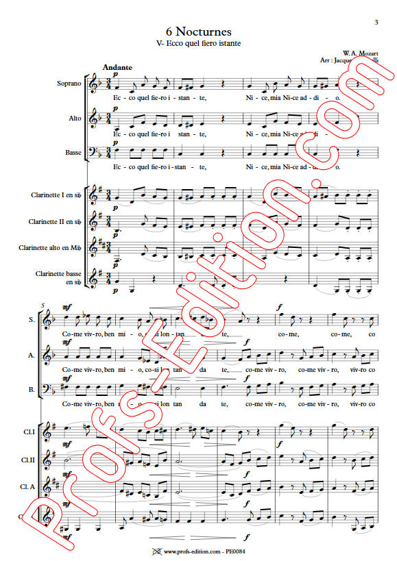 Ecco quel fiero istante KV 436 - Chœur & Quatuor Clarinettes - MOZART W. A. - Partition