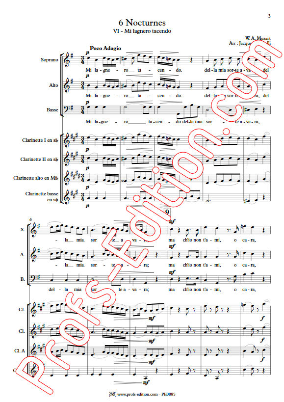 Mi lagnero tacendo KV 437 - Chœur & Quatuor Clarinettes - MOZART W. A. - Partition