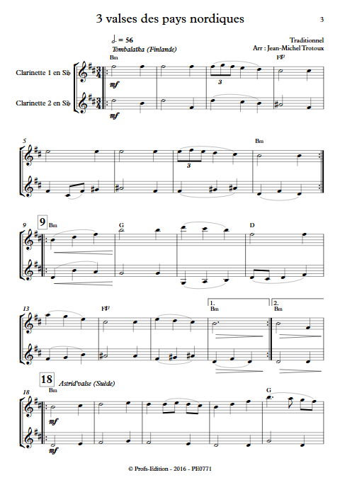 3 Valses des pays nordiques - Duo de Clarinettes - Traditionnel - Partition
