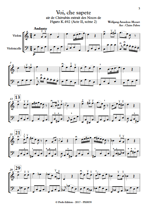 Voi che sapete - Duo Violon Violoncelle - BIZET G. - Partition