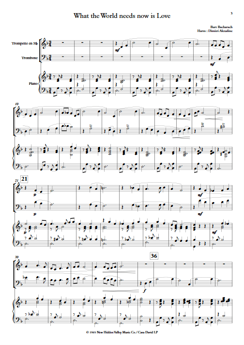 What The World Needs Now is Love - Trio Trompette Trombone Piano - BACHARACH B. - Partition