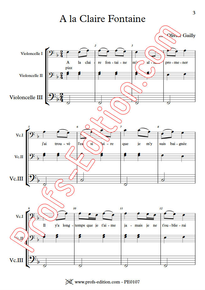 A la claire Fontaine - Trio Violoncelles - TRADITIONNEL - Partition