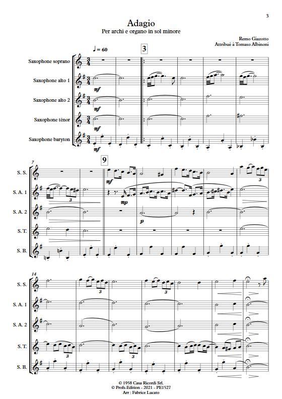 Adagio Albinoni - Quintette de Saxophones - GIAZOTTO R. - Partition