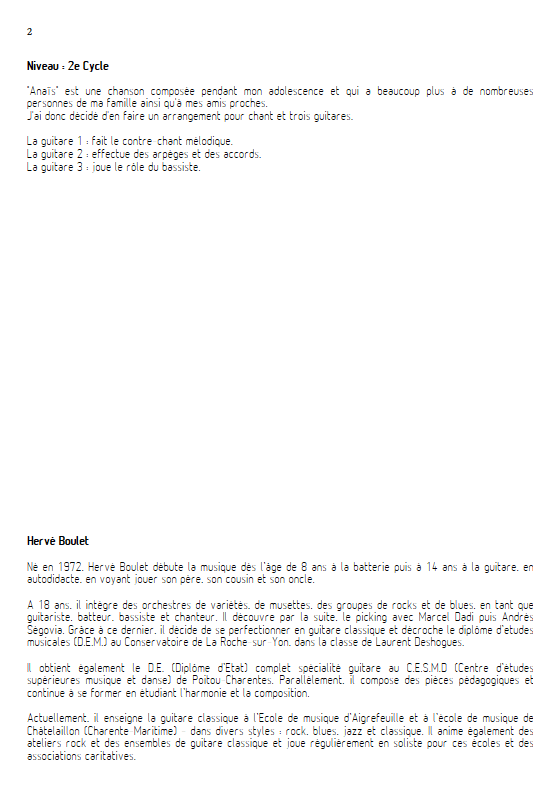 Anaïs - Trio de Guitares & Voix- BOULET H. - Fiche Pédagogique