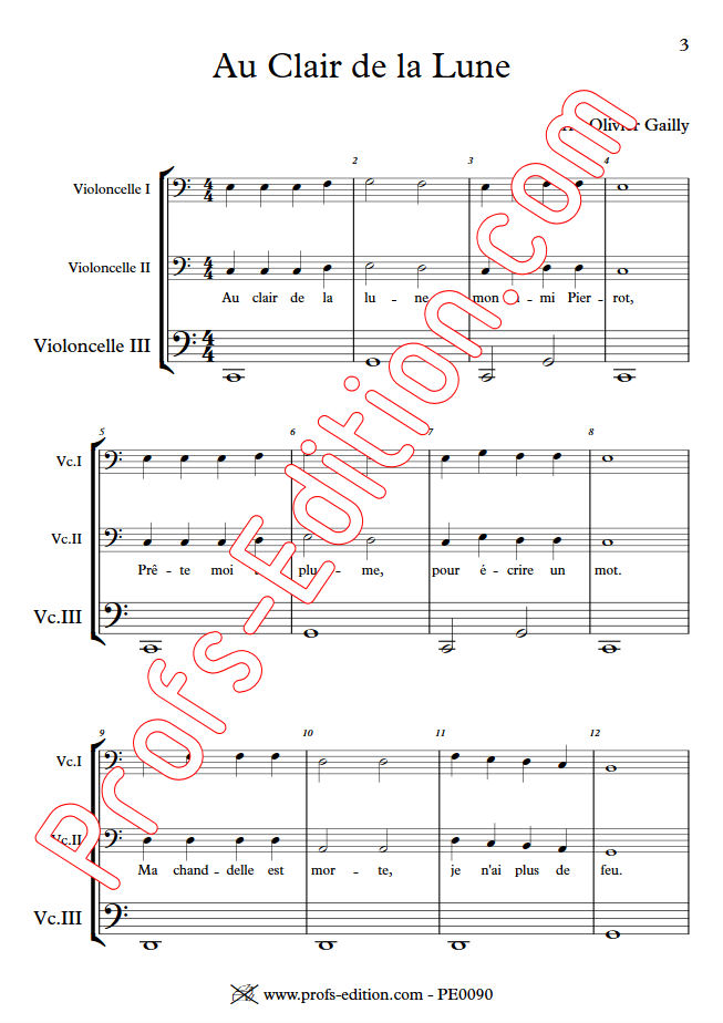 Au Claire de la Lune - Trio Violoncelles - TRADITIONNEL - Partition