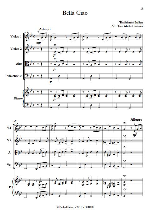 Bella Ciao - Quintette à Cordes - TRADITIONNEL ITALIEN - Partition