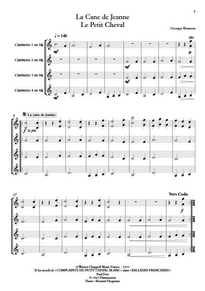 La Cane de Jeanne & Le petit Cheval - Quatuor de Clarinettes - BRASSENS G. - Partition