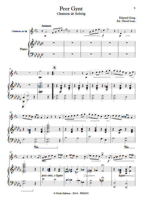 Chanson de Solveig (Peer Gynt) - Clarinette et Piano - GRIEG E. - Partition