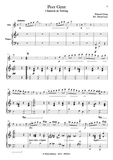 Chanson de Solveig (Peer Gynt) - Flûte et Piano - GRIEG E. - Partition
