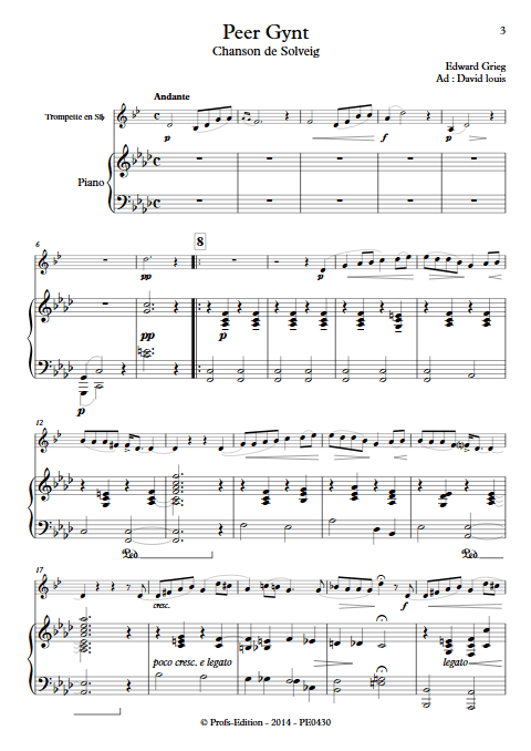 Chanson de Solveig (Peer Gynt) - Trompette et Piano - GRIEG E. - Partition