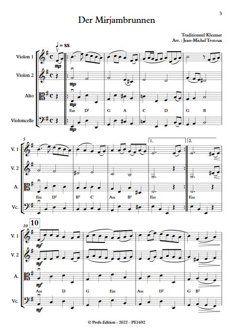 Der mirjambrunnen - Quatuor à Cordes - TRADITIONNEL KLEZMER - Partition