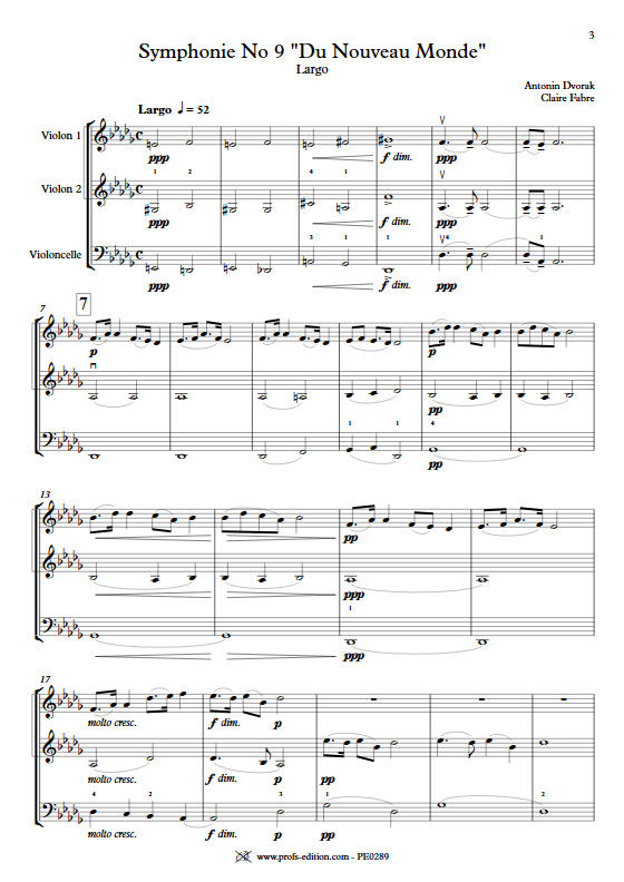 Largo Symphonie du Nouveau Monde - Trio Violons Violoncelle - DVORAK A. - Partition