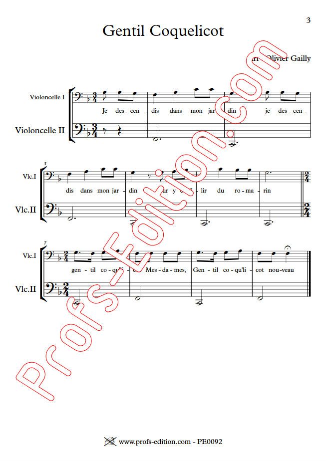 Gentil Coquelicot - Duo Violoncelles - TRADITIONNEL - Partition