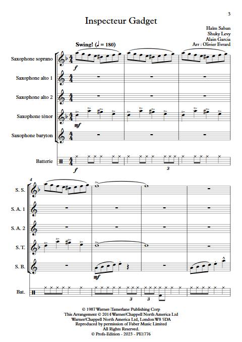 Inspecteur Gadget - Ensemble de Saxophones - SABAN H. - Partition