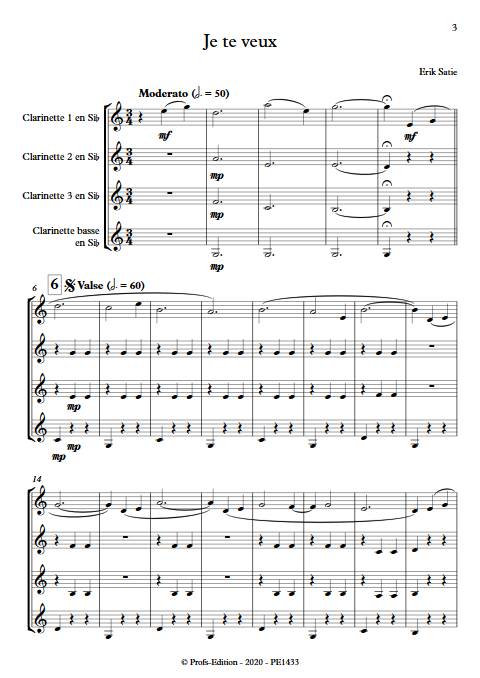 Je te veux - Quatuor de Clarinettes - SATIE E. - Partition