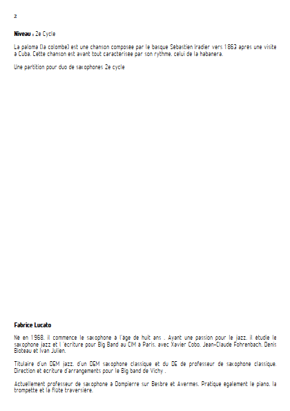 La Paloma - Duo de Saxophones - IRADIER S. - Fiche Pédagogique