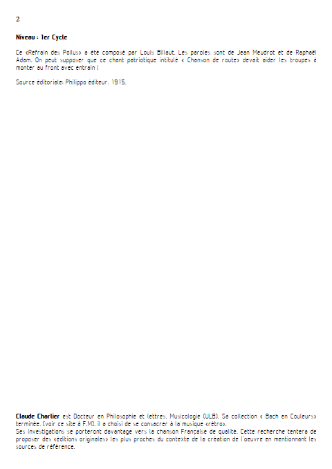 Le refrain des poilus - Piano & Voix - BILLAUT L. - Fiche Pédagogique