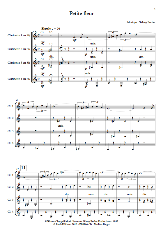 Petite Fleur - Ensemble de Clarinettes - BECHET S. - Partition