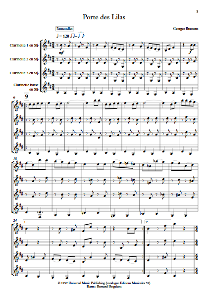 Porte des Lilas - Quatuor de Clarinettes - BRASSENS G. - Partition
