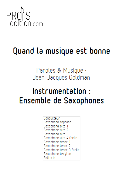 Quand la musique est bonne - Ensemble de Saxophones - GOLDMAN J.J. - page de garde