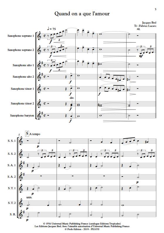 Quand on a que l'amour - Ensemble de Saxophones - BREL J. - app.scorescoreTitle