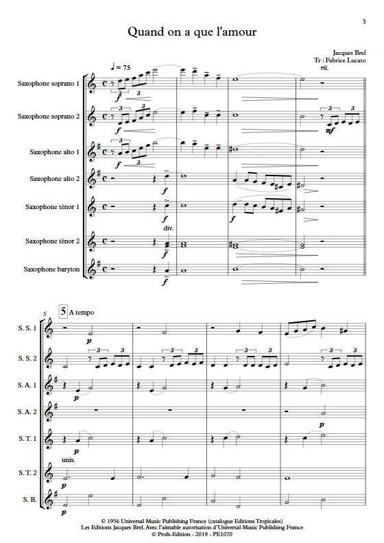 Quand on a que l'amour - Ensemble de Saxophones - BREL J. - Partition