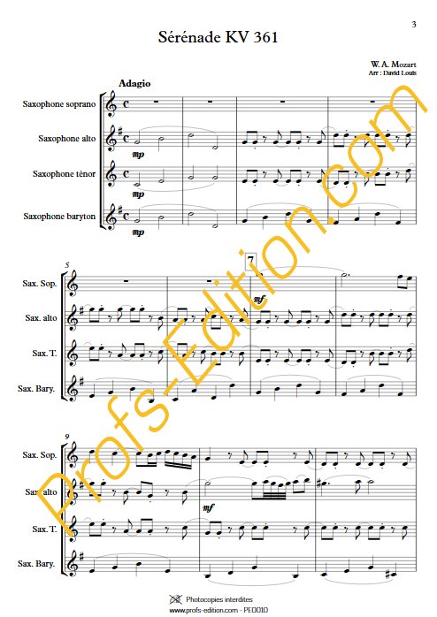 Sérénade KV 361 - Quatuor de saxophones - MOZART W. A. - Partition