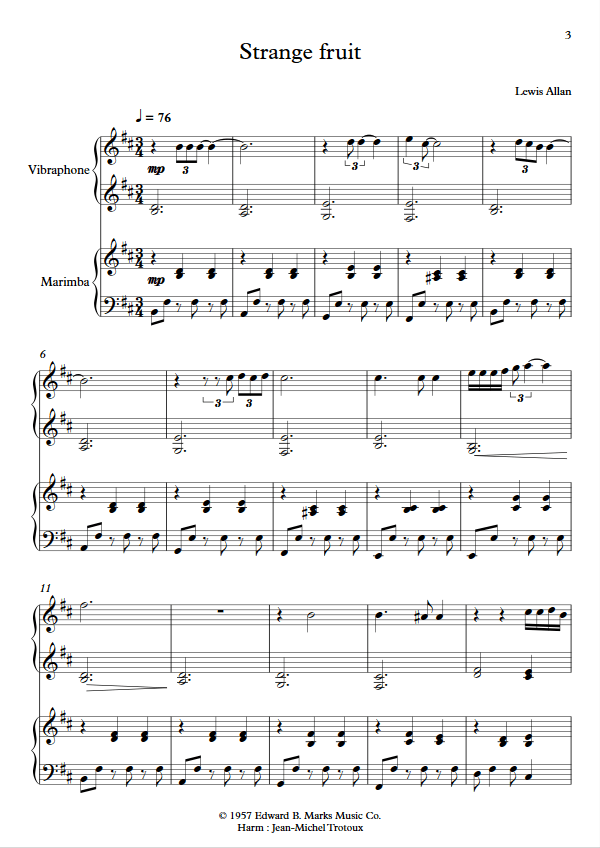 Strange Fruit - Duo Vibraphone Marimba- ALLAN L. - Partition