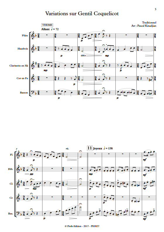 Variations sur Gentils coquelicot - Quintette à vents - KINADJIAN P. - Partition